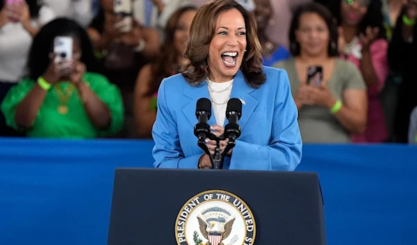 US VP Kamala Harris speaks at a campaign event at Hendrick Center for Automotive Excellence on the Scott Northern Wake Campus of Wake Tech Community College in Raleigh, North Carolina, August 16, 2024. (AP)