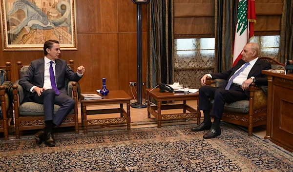 Lebanese Parliament Speaker Nabih Berri (R) meets with US special envoy Amos Hochstein in Beirut on November 19, 2024. (AFP)