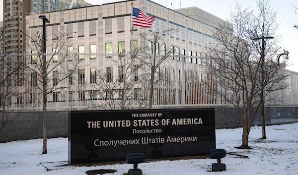 A view of the U.S. Embassy in Kyiv, Ukraine, Saturday, Feb. 12, 2022. (AP)