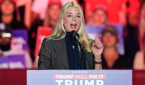 Former Florida Attorney General Pam Bondi, speaks before Republican presidential nominee former President Donald Trump at a campaign rally at First Horizon Coliseum, November 2, 2024, in Greensboro, NC (AP)