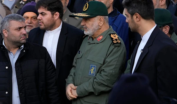 Chief of the Islamic Revolution Guard Corps General Hossein Salami attends the funeral ceremony of the Guard's members, who were killed in an air strike in Syria, in Tehran, Iran, Monday, January 22, 2024 (AP)