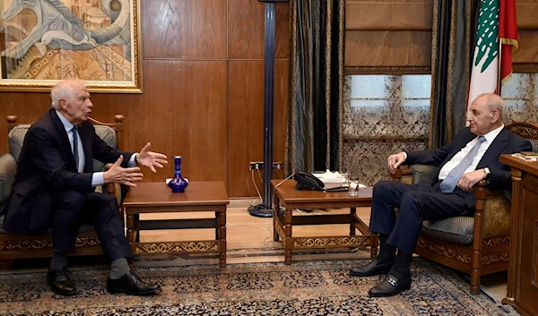 A handout photo released by the Lebanese parliament press office on November 24, 2024, shows Lebanese Parliament Speaker Nabih Berri (R) meeting with European Union foreign policy chief Josep Borell in Beirut (LEBANESE PARLIAMENT / AFP)