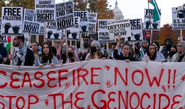 Protesters rally during a pro-Palestinian demonstration asking for a cease-fire in Gaza at Union Station in Washington, November 17, 2023 (AP)