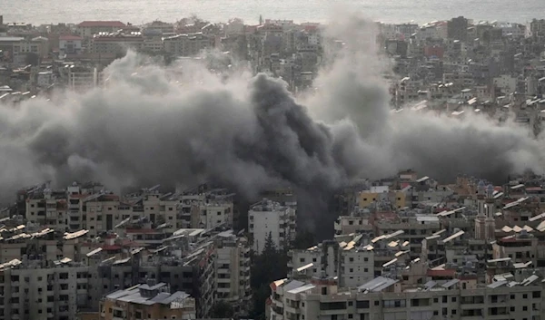 Smoke rise from Israeli occupation airstrikes in Dahiyeh, Beirut, Sunday, Nov. 24, 2024. (AP)