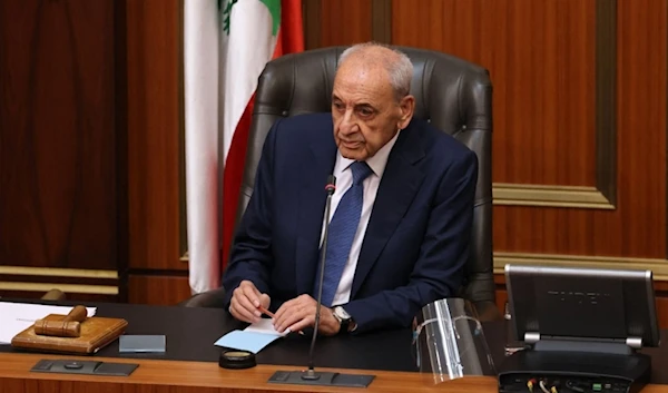 The Speaker of the Lebanese Parliament, Nabih Berri, opening the 4th session to elect a new president, in Beirut, on October 24, 2022. (AFP)