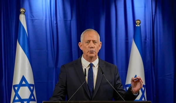 Benny Gantz delivers a speech in Ramat Gan, occupied Palestine, on June 9, 2024. (AP)