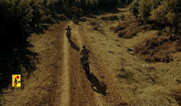 Hezbollah fighters seen on cross bikes in southern Lebanon in footage released by the resistance. (Resistance media/screengrab)