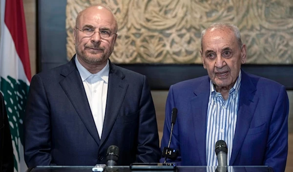 Lebanese Parliament speaker Nabih Berri, right, speaks during a joint press conference with his Iranian counterpart Mohammad Bagher Qalibaf in Beirut, Lebanon, Saturday, Oct. 12, 2024. (AP)