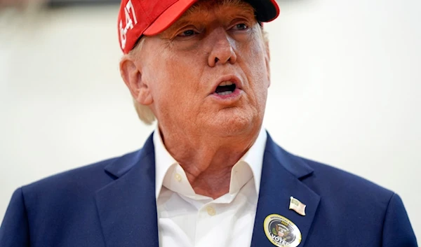 Republican presidential nominee former President Donald Trump speaks after voting on Election Day at the Morton and Barbara Mandel Recreation Center, Tuesday, November 5, 2024, in Palm Beach, Florida (AP)