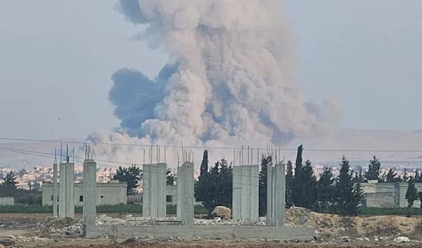 Smoke rises after an Israeli occupation airstrikes on the al-Qusayr area near the Syrian-Lebanese border. (Social media)