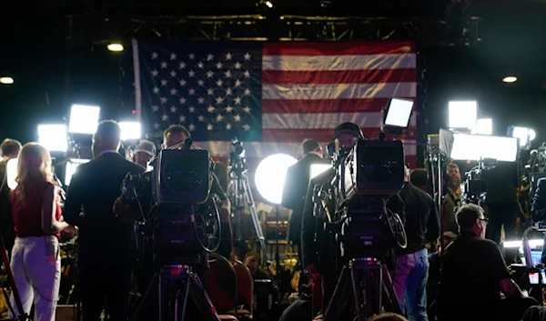 Members of media work at an election night campaign watch party for Republican presidential nominee former President Donald Trump Tuesday, November 5, 2024, in West Palm Beach, Florida