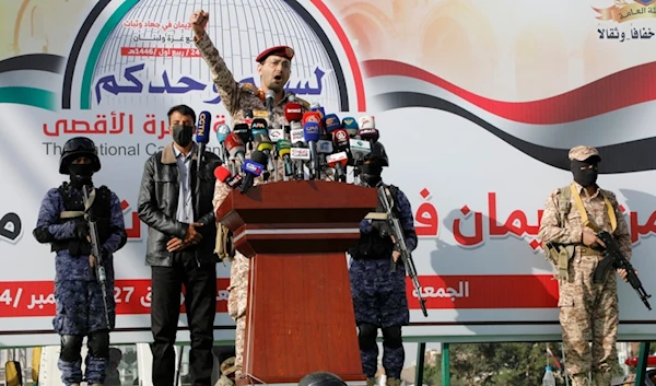 Yemeni Armed Forces spokesman Yahya Saree speaks during a rally against the US-UK and 'Israel' in Sanaa, Yemen, Friday, Sept. 27, 2024. (AP)