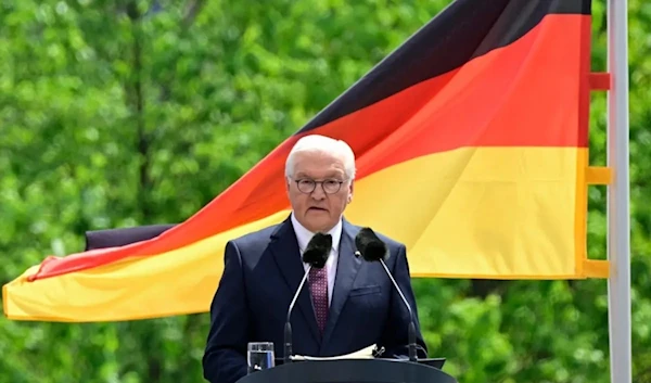 German President Frank-Walter Steinmeier delivers a speech during the state ceremony as part of celebrations to mark 75 years of the German Constitution in front of the Chancellery in Berlin, Germany on May 23, 2024. (AFP)