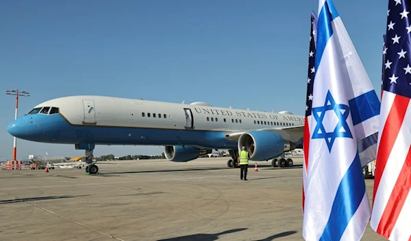 The aircraft of US Secretary of State Antony Blinken arrives at Ben Gurion airport near Tel Aviv, in occupied Palestine, on Monday, June 10, 2024 (AP)