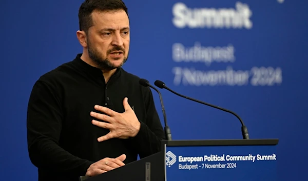 Ukraine's President Volodymyr Zelenskyy speaks during a press conference during the European Political Community (EPC) Summit at the Puskas Arena in Budapest , Hungary, Nov. 7, 2024. (AP)