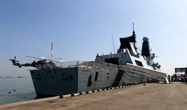 An HMS Defender, a type 45 air-defence destroyer ship, stands in the Mumbai International Cruise Terminal during the Royal Navy and Indian Navy meet in Mumbai, India, Oct. 22, 2021. (AP)