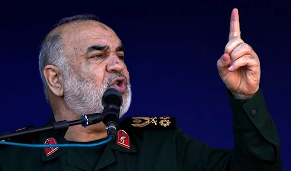 The Commander-in-Chief of the Islamic Revolution Guard Corps in Iran, Major General Hossein Salami, addresses the funeral ceremony of the victims of the Kerman twin terroist bombing in Kerman, Iran on Friday January 5,2024. (AP)