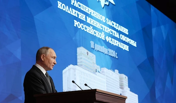 Russian President Vladimir Putin speaks at an expanded meeting of the Defence Ministry Board at the National Defence Control Centre in Moscow, Russia, Monday, Dec. 16, 2024. (AP)