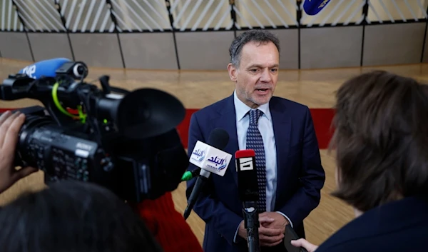 Netherlands' Foreign Minister Caspar Veldkamp speaks to the press after arriving for a meeting of EU foreign ministers at the European Council building in Brussels on Nov. 18, 2024. (AP)