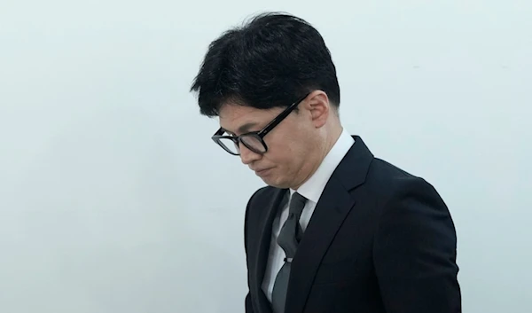 South Korea's ruling People Power Party's leader Han Dong-hoon arrives to hold his press conference at the party's headquarter in Seoul, South Korea, Thursday, April 11, 2024. (AP)