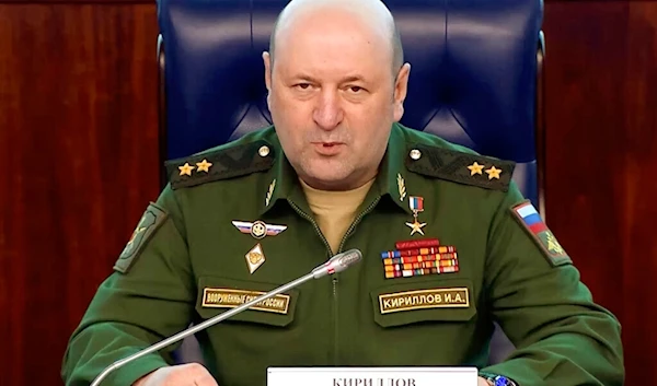 The head of the radiation, chemical and biological defense troops of the Russian Armed Forces Lt. Gen. Igor Kirillov speaks during a Russian Defense Ministry Press Service on Feb. 28, 2023. (AP)