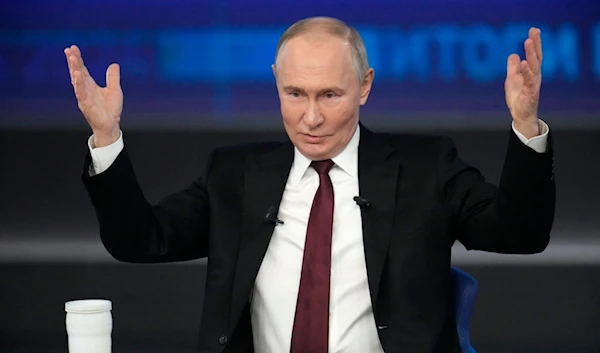 Russian President Vladimir Putin gestures while speaking during his annual news conference and call-in show at Gostinny Dvor in Moscow, Russia, Thursday, Dec. 19, 2024. (AP)