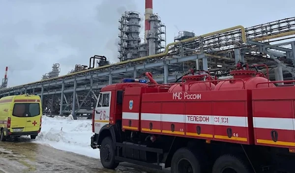 Emergency vehicles respond to a fire on the grounds of a fuel and energy complex in the town of Kstovo, about 450km (280 miles) east of Moscow, following a drone attack [Handout/Gleb Nikitin's official Telegram account via AFP]