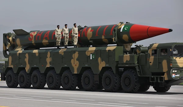 A nuclear-capable Pakistani Shaheen-III missile is carried on a trailer during a military parade in Islamabad, Pakistan, March 25, 2021. (AP)