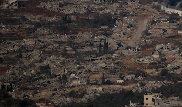 Destroyed buildings in an area of the village of Kfar Kila in southern Lebanon, located next to the Palestinian-Lebanese border, as seen from northern "Israel", on December 1, 2024. (AP)