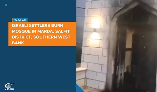 Israeli settlers burn mosque in Marda, Salfit District, southern West Bank