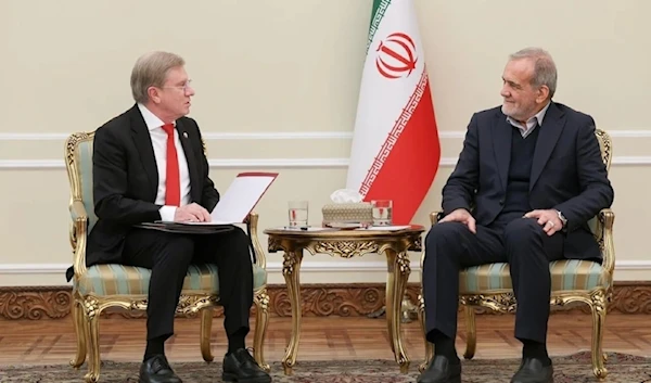 Iranian President Masoud Pezeshkian (R) and Russian Deputy Prime Minister for Transport Vitaly Gennadyevich Savelyev meet in Tehran on December 23, 2024. (Photo by president.ir)