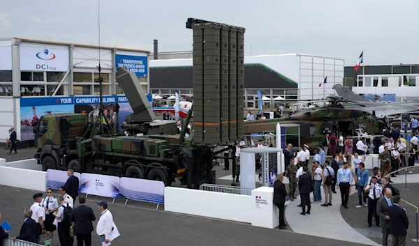 The SAMP/T also called MAMBA missile launcher is displayed at the Paris Air Show in Le Bourget, north of Paris, France, Tuesday, June 20, 2023. (AP Photo/Lewis Joly)