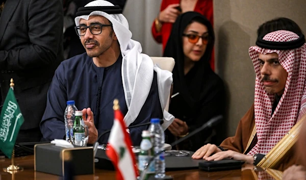 The UAE's Foreign Minister and Saudi Arabia's Foreign Minister during a meeting with the foreign ministers of the Arab Contact Group on Syria in Jordan's southern Red Sea coastal city of Aqaba, Saturday, December 14, 2024 (AP)