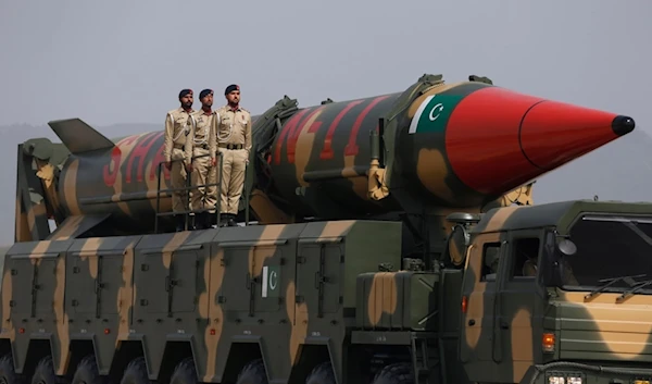 A Pakistani-made Shaheen-III missile, which is capable of carrying nuclear warheads, displayed during a military parade to mark Pakistan National Day, in Islamabad, Pakistan, on March 23, 2022. (AP)