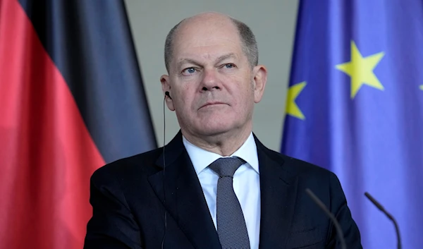 German Chancellor Olaf Scholz attends a joint press conference with Estonian Prime Minister Kristen Michal in the chancellory in Berlin, on December 20, 2024. (AP)