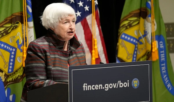 US Treasury Secretary Janet Yellen speaks during a visit to the Financial Crimes Enforcement Network (FinCEN) in Vienna, Virginia, on January 8, 2024 (AP)