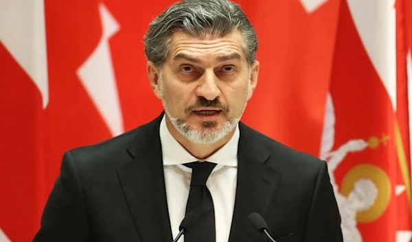 Georgian President-elect Mikheil Kavelashvili speaks at his swearing-in ceremony at the Georgian Parliament in Tbilisi, Georgia, Sunday, Dec. 29, 2024. (Irakli Gedenidze/Pool Photo via AP)