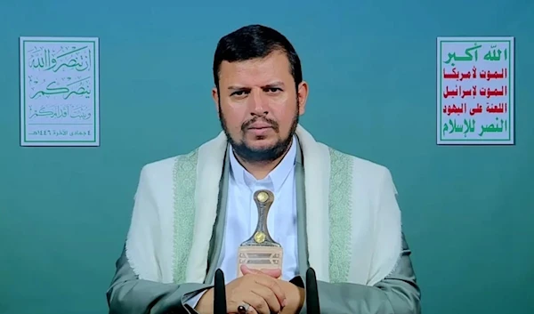 The leader of the Yemeni Ansar Allah movement, Sayyed Abdul-Malik al-Houthi in a televised speech on December 5, 2024. (AP)