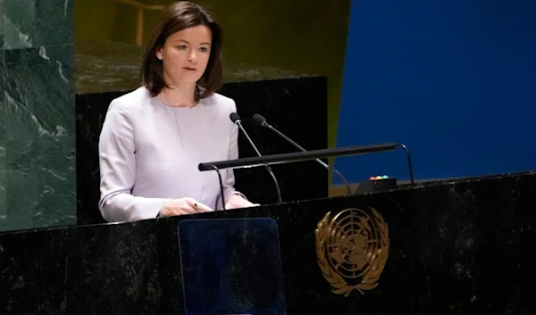 Slovenian Foreign Minister Tanja Fajon addresses the eleventh emergency special session of the General Assembly, Wednesday, Feb. 22, 2023 at United Nations headquarters. (AP)