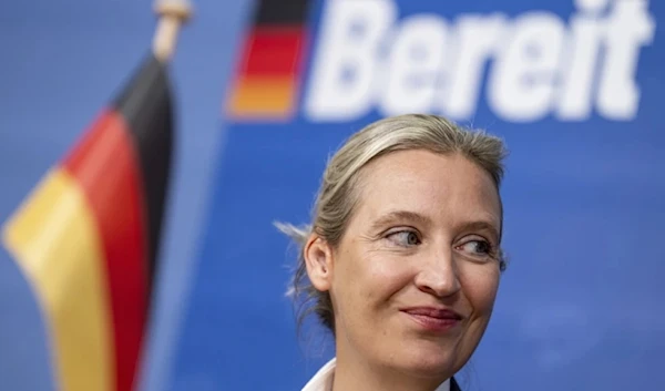 Alice Weidel, co-leader of the ‘Alternative for Germany’ party (AfD), smiles during a press conference at the Federal Press Office in Berlin, Germany, Oct. 9, 2023. (dpa via AP)