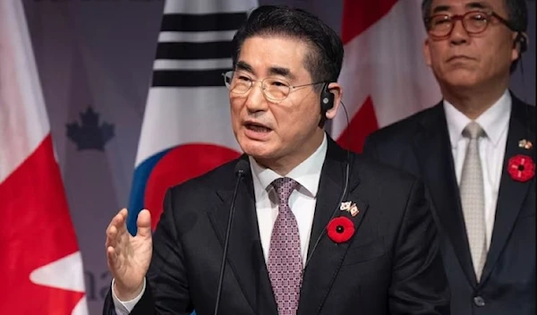 South Korea's Foreign Minister Cho Tae-yul, right, looks on as South Korea's Defense Minister Kim Yong Hyun speaks during a news conference in Ottawa, Ontario, on Nov. 1, 2024.(AP)