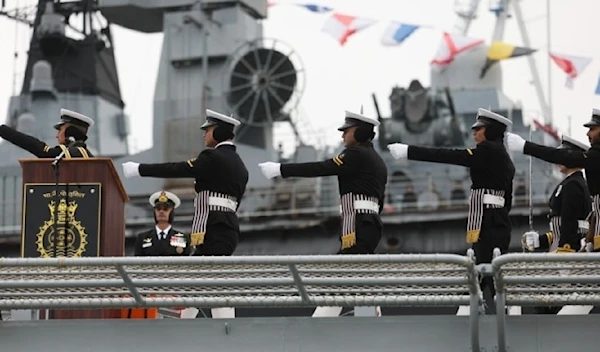 Indian Navy officers attend the ceremony to commission the latest multi-role stealth guided missile frigate INS Tushil at the Yantar shipyard, in Kaliningrad, Russia (Sputnik)