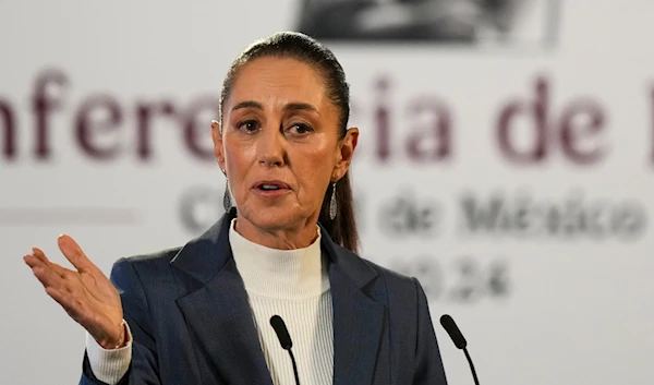 Mexican President Claudia Sheinbaum gives a media briefing from the National Palace in Mexico City, on October 2, 2024. (AP)