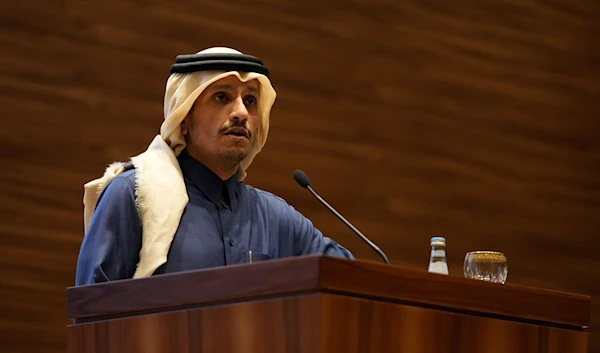 Qatar's Prime Minister and Foreign Affairs Minister Mohammad bin Abdul Rahman al-Thani speaks during a joint press conference with US Secretary of State Antony Blinken, at Diwan Annex, in Doha, Qatar, Tuesday, Feb. 6, 2024. (AP)