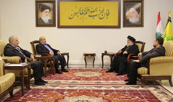 Secretary-General of Hezbollah Sayyed Hasan Nasrallah receives a delegation of Hamas leaders in Lebanon on May 15, 2024. (Hezbollah Military Media)