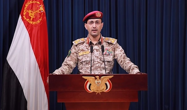 The spokesperson for the Yemeni Armed Forces Brigadier Yahya Saree during a speech (Screengrab)