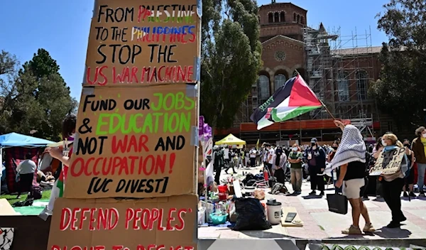 Pro-Palestinian students protest at an encampment on the campus of the University of California Los Angeles, or UCLA. )AFP(