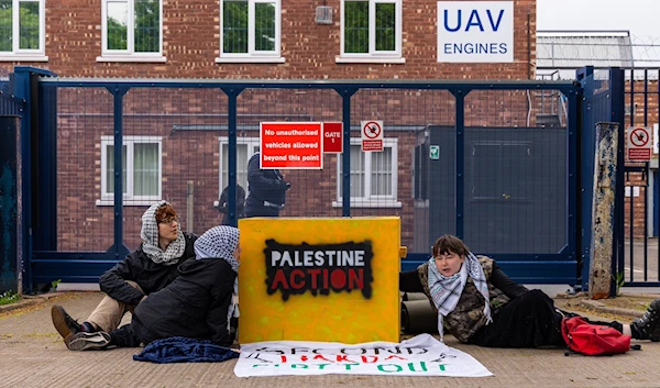 Protesters in front of Elbit's UAV Engines Ltd in London (X/PalestineAction)