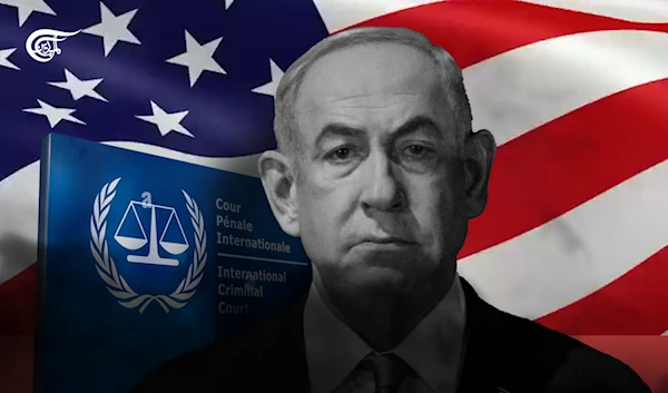 An illustration showing Israeli Prime Minister Benjamin Netanyahu and the American flag as well as the logo of the International Criminal Court (ICC). (Illustrated by Hady Dbouq)