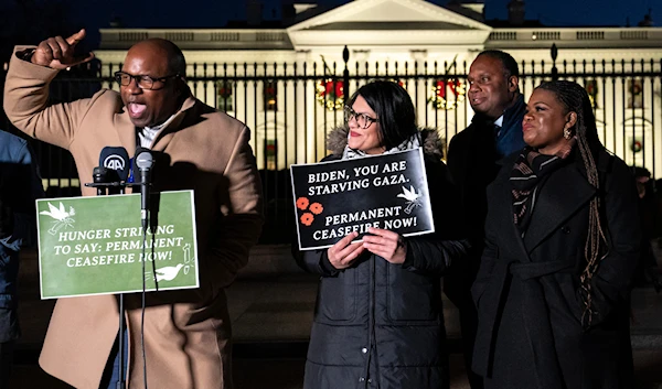 Rep. Jamaal Bowman, speaks alongside, other representatives during a vigil with state legislators and faith leaders on hunger strike outside the White House urging President Joe Biden to call for a permanent ceasefire in Gaza on Nov. 29, 2023. (AP)